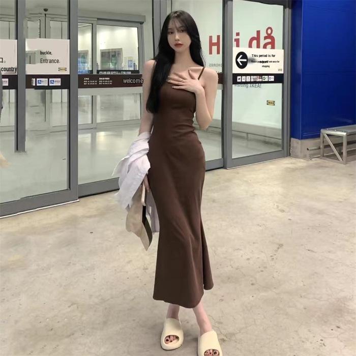 Women's Black Spaghetti Strap Bodycon Mermaid Midi Dress