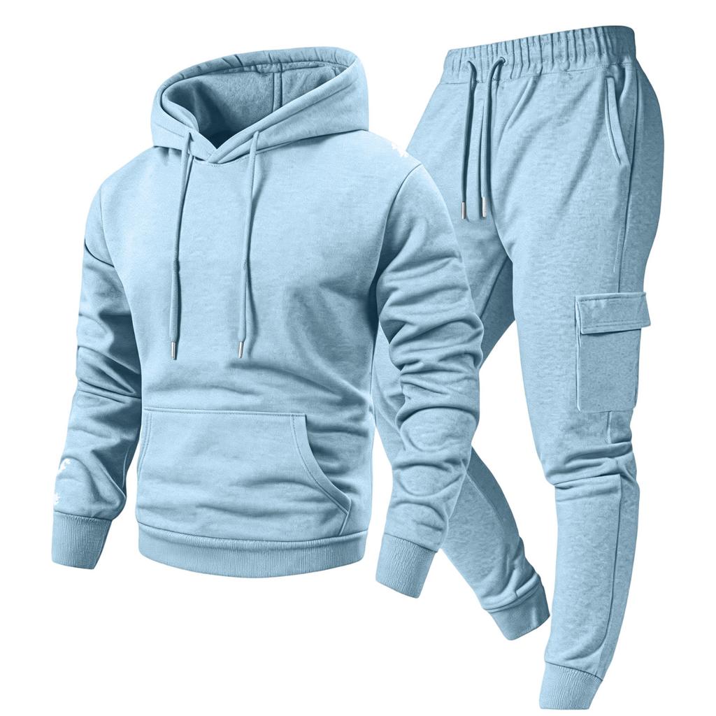 Men's Casual Outdoor Sports Two-Piece Set - Color Sweatshirt and Elastic Waist Cargo Jogger Pants