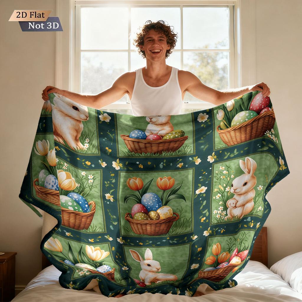 1pc Easter Cartoon Rabbit Printed Flannel Blanket With Various Sizes, Soft And Comfortable Nap Cover, Machine Washable
