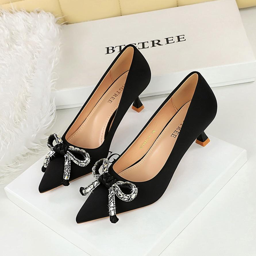 Water Diamond Bow Pointed, Thin Heel, Silk Heel, Single Shoe, Wine Glass Heel, Women's Single Shoe