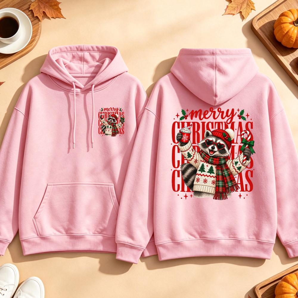 Merry Christmas Raccoon Hoodie Cute Heart Sunglasses Hot Cocoa Graphic Sweatshirt Winter Scarf Sweater Unisex Pullover Tops