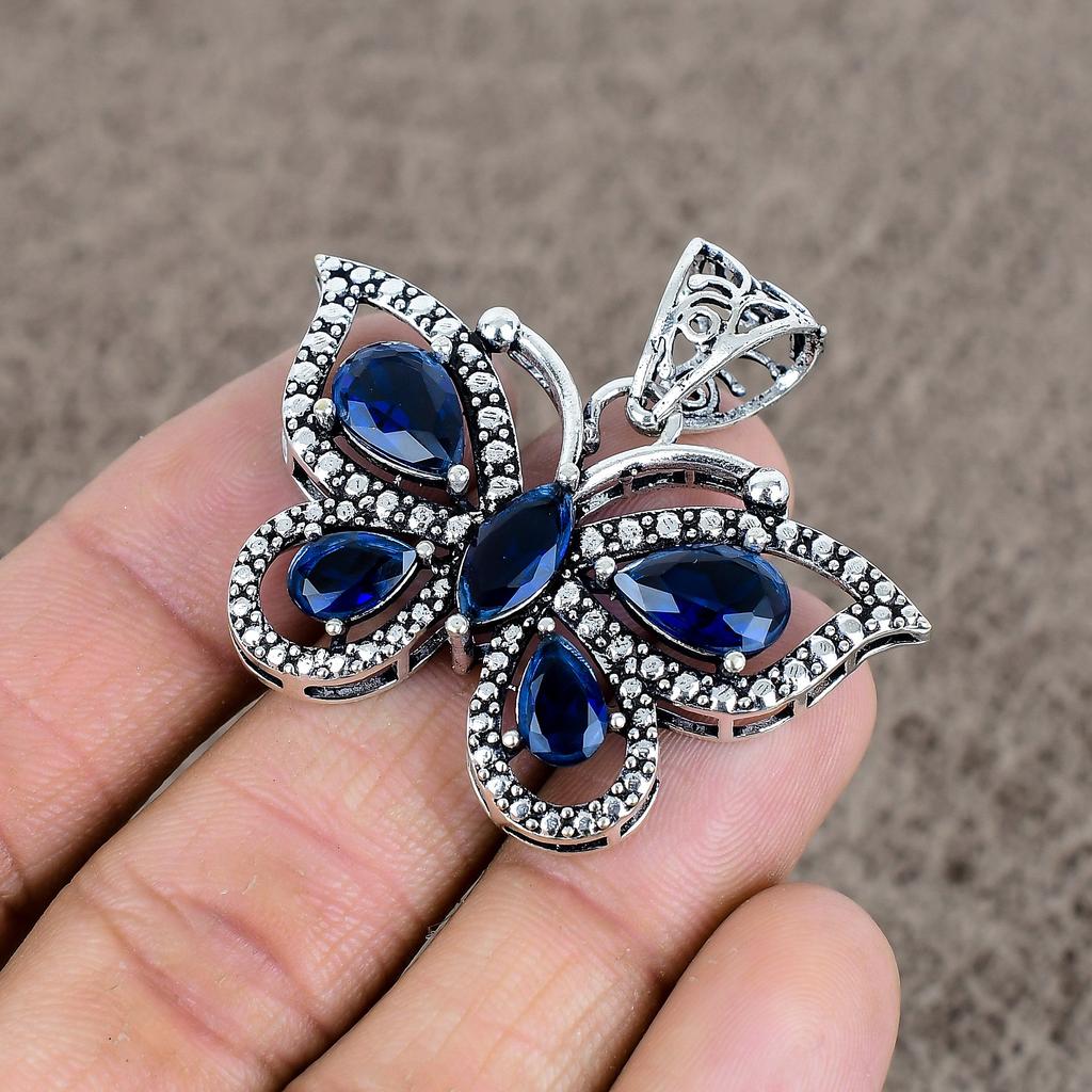 Blue Topaz Gemstone Handmade 925 Sterling Silver Jewelry Pendant 1.65" KKG-90