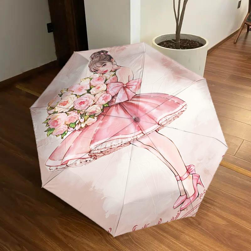 

Romantic Pink Floral Rain Umbrella with Bow - Automatic Opening & Closing, Foldable Design, Outdoor Use, Perfect Gift for Fans, Travelers, D