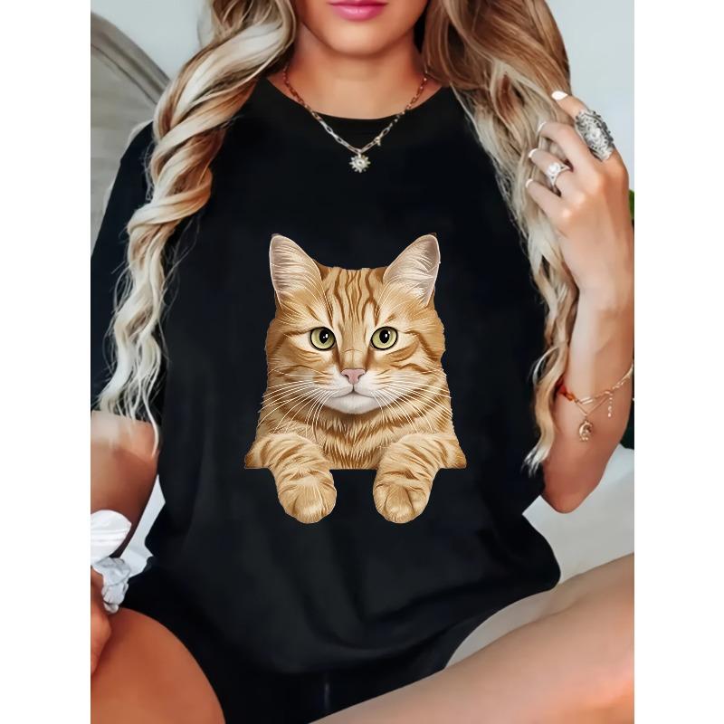 Women Casual T Shirt Black Cat Print Loose Fit Top For Daily Wear And Home Comfort