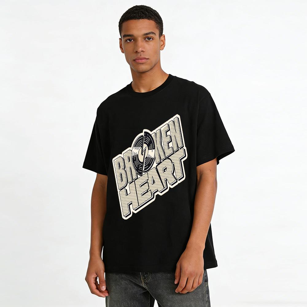 Broken Heart Vintage Vinyl Record Print T-Shirt Unisex Street Style Casual Top Pure cotton T-shirt