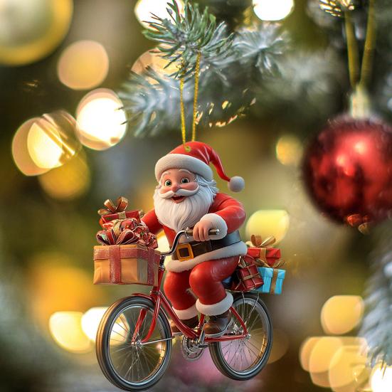 Double Sided Printed Tree Ornaments 2Pcs Christmas Santa Riding Bicycle Acrylic Hanging Ornament, Car Interior Rearview Mirror Charm, Holiday Backpack