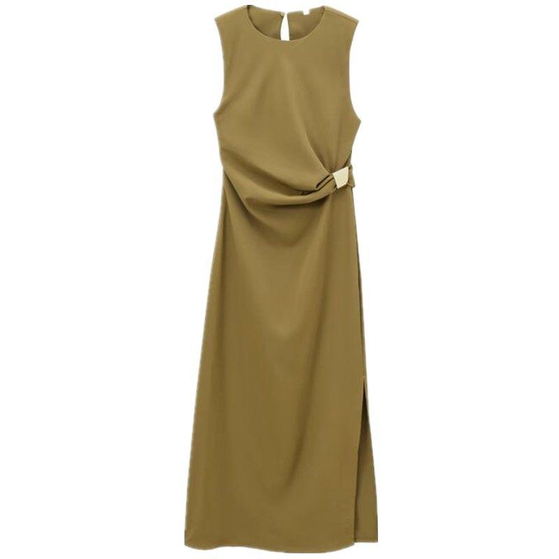 

Western Style 2024 Autumn and Winter New Women s Belt Shoulder Pad round Neck Sleeveless Midi Midi Dress 3897162 Picture color L