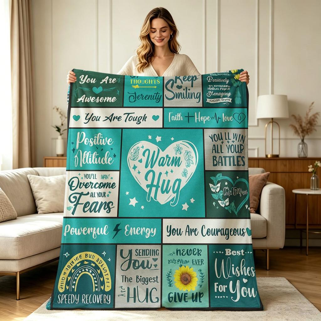 Soft Warm Flannel Blanket with Positive Uplifting Patchwork Print All Season Cozy Throw Blanket for Sofa Couch Office Bedroom Living Room Lightweight