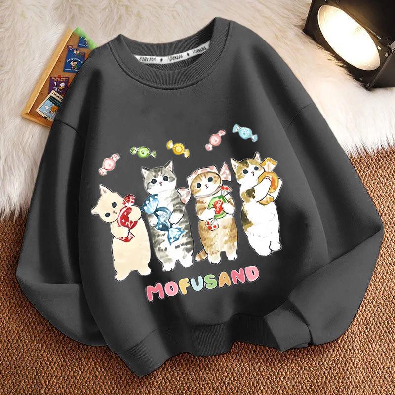 Cute Cat Round-neck Sweatshirt for Children, Fashionable Long-sleeved Casual Sweatshirt for Boys and Girls in Spring and Autumn