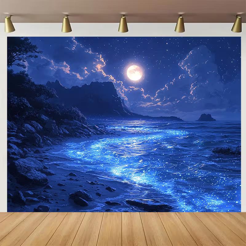 

2D Magical Night Beach Backdrop, Blue Glowing Sea Photo Background for Studio 47.2x31.5inch/120*80cm