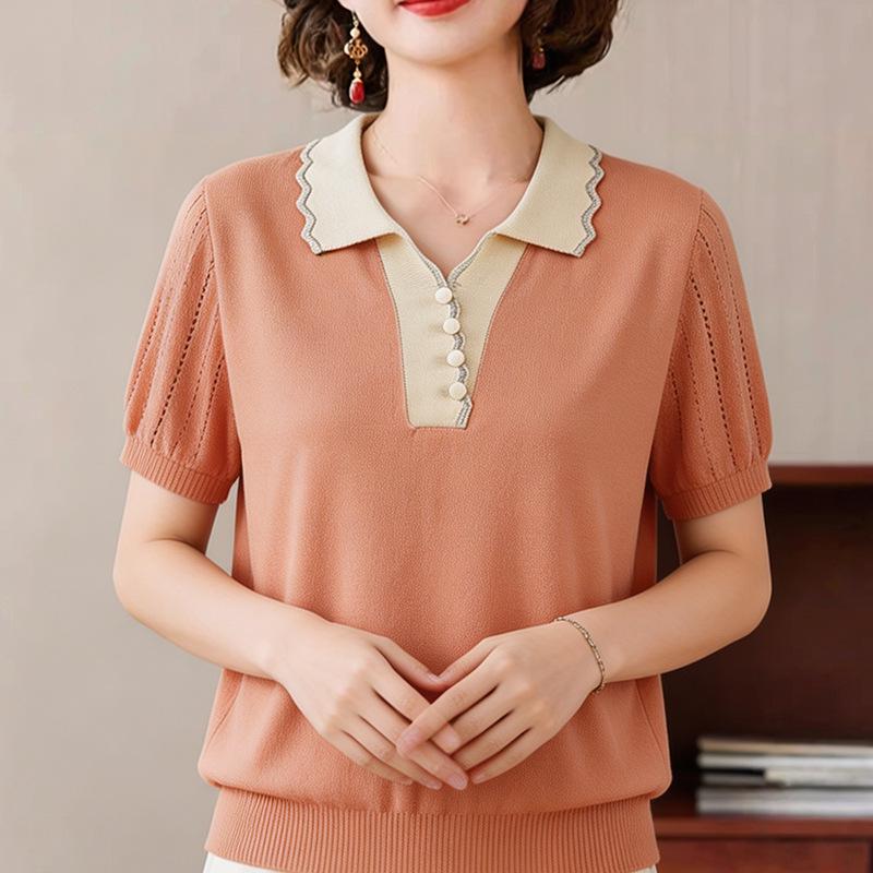 

2026 Stylish Lapel Knit Top - Hollow Design for Spring/Summer Versatility 2XL (for 52.5-60 kg) хакі