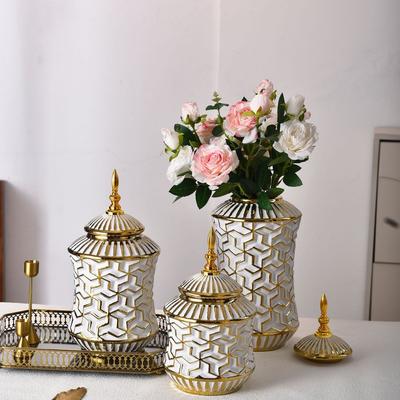 Light Luxury Ceramic General Bottle Storage Jar Hotel Flower Arrangement Ornament White Gold Ceramic Vase Large Flowerpot Decor
