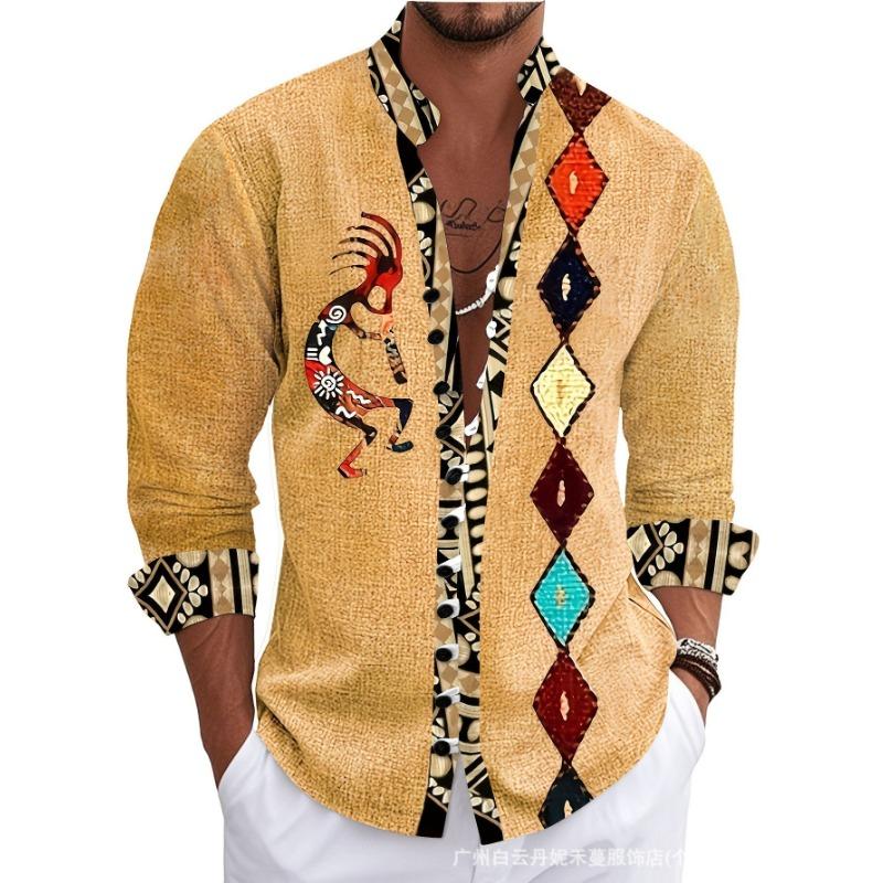Men S Long Sleeve Chinese Style Button Placket Printed Shirt