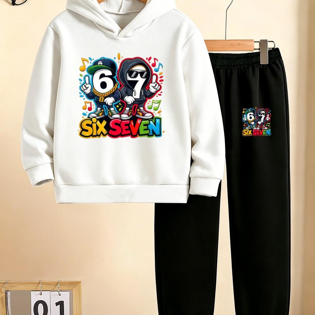 New autumn/winter 2-piece tracksuit set: hooded sweatshirt + long pants, featuring a Halloween-themed SIX SEVEN 67 print.