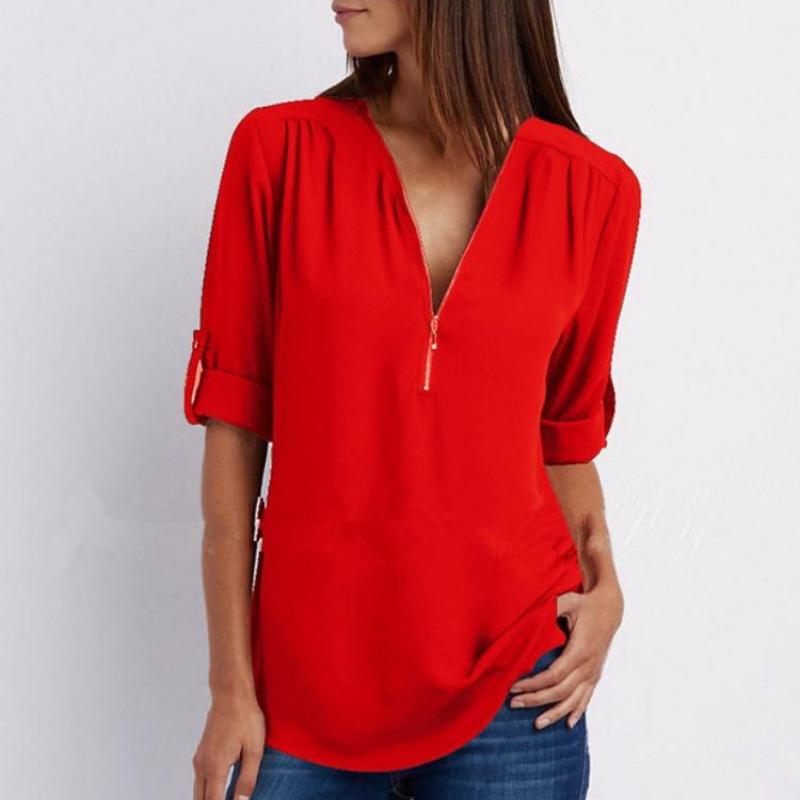 Camicia a maniche lunghe in chiffon con scollo a V e cerniera, taglie forti, da donna, con maniche regolabili