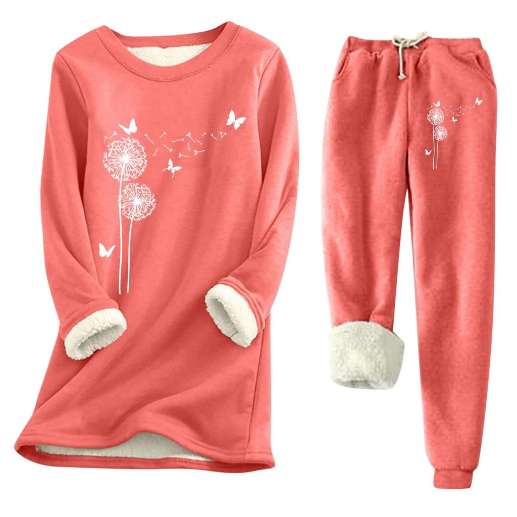 Women's Print Round Neck Warm Suit Long Sleeve Fleece Drawstring Sweatpants Two-Piece Set