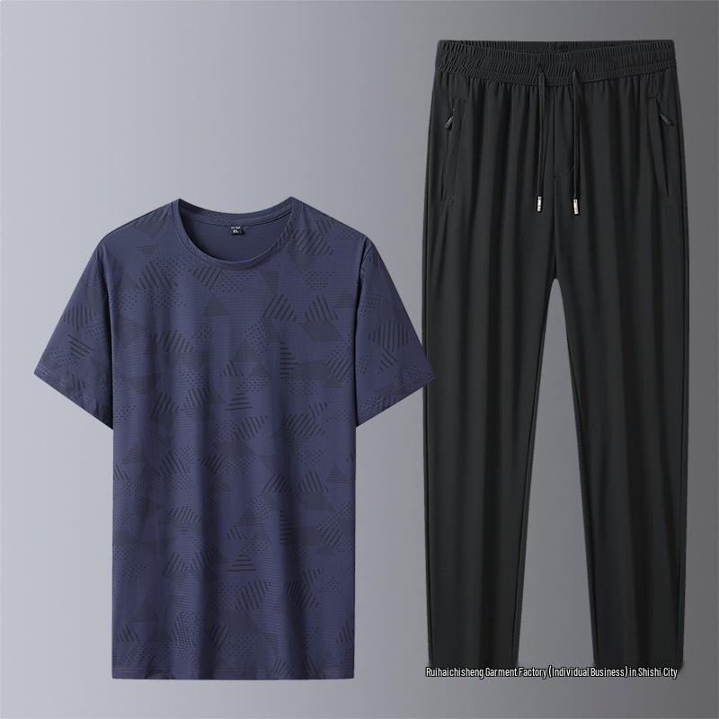 2026 Summer Ice Silk Quick-Dry Sports Casual Set: Round Neck T-Shirt & Straight Leg Pants