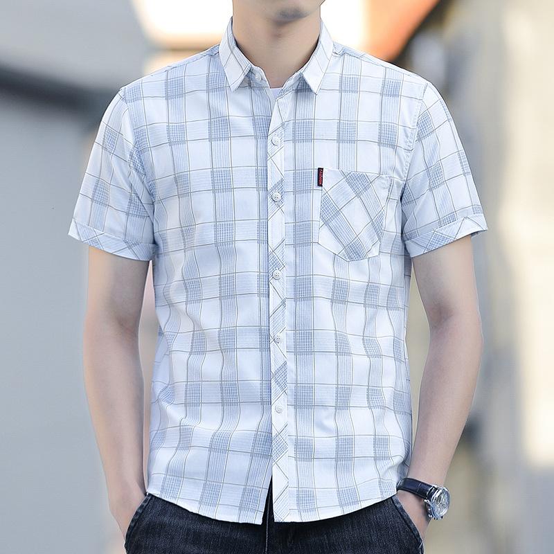 Letní nová košile s krátkým rukávem pánská s kapsami trendová nežehlivá ležérní košile pánská kostkovaná palcová košile tide