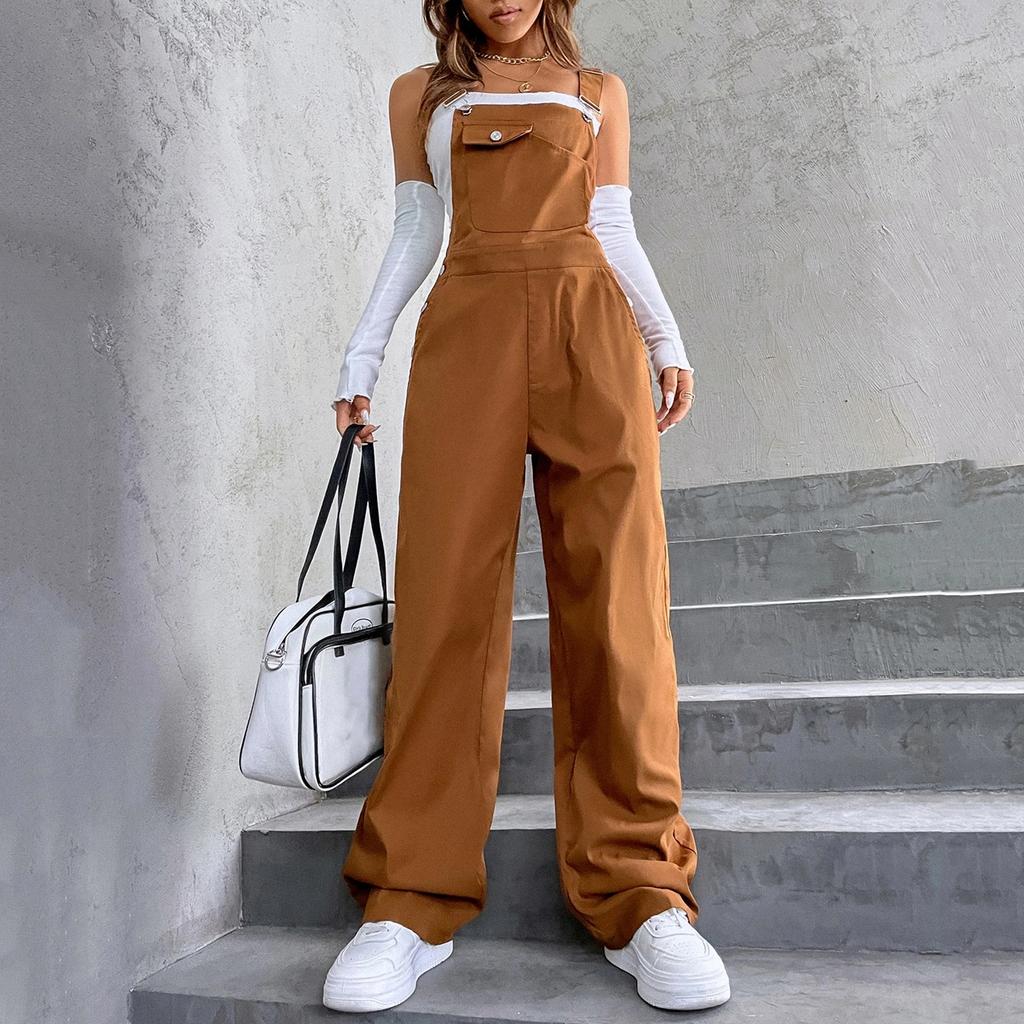 Damen Mode Vintage Tasche Gerade Bein Arbeitskleidung Overalls Lässige Hose Farbe Jumpsuit