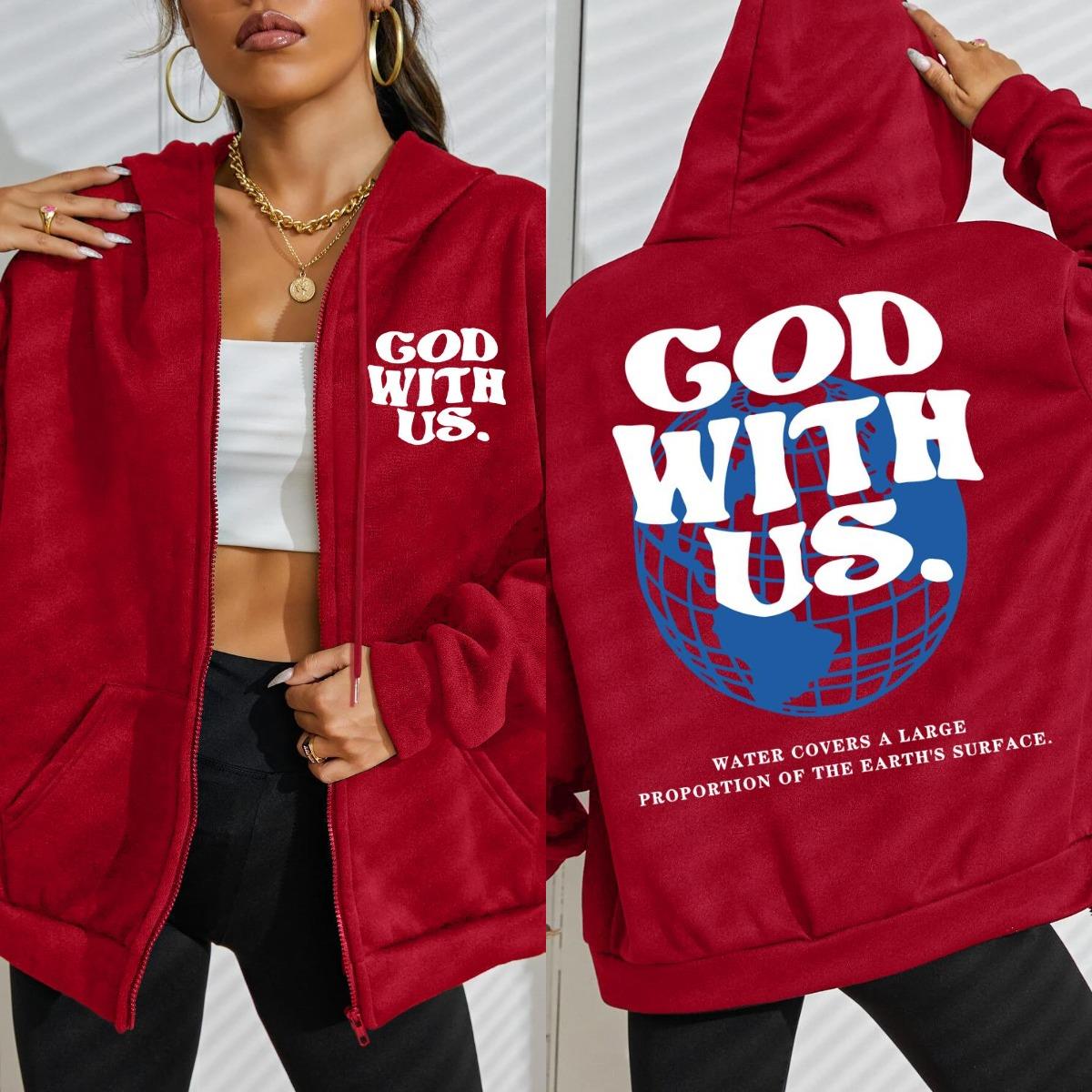 

Бог с нами Вода покрывает Землю Принт Толстовка на молнии Женская Уличная Флисовая Толстовка Модная Спортивная одежда Осень Свободная S