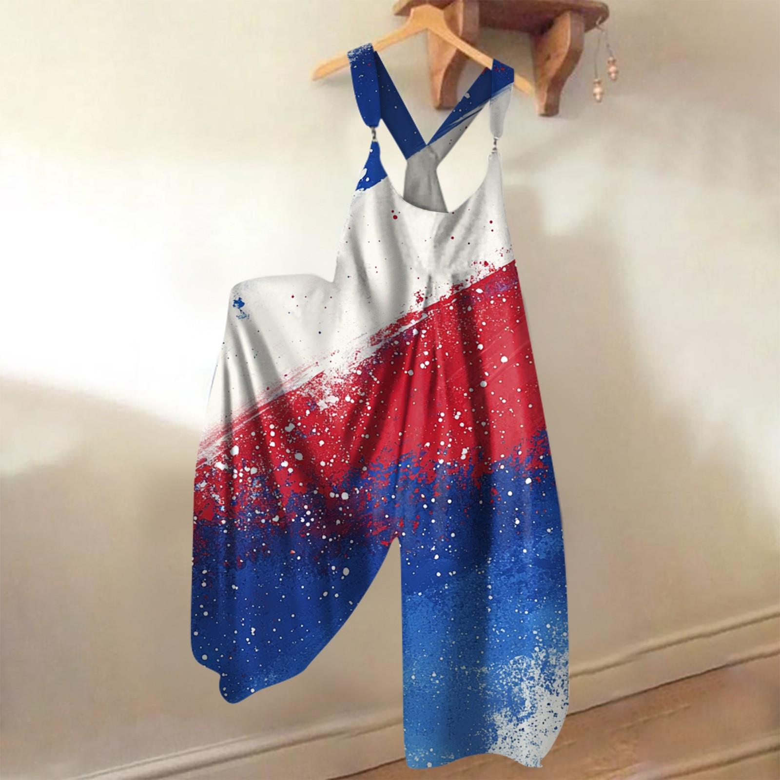 

Women s Fashion Print Casual Loose Back Straps Wide Leg Jumpsuit S червоний