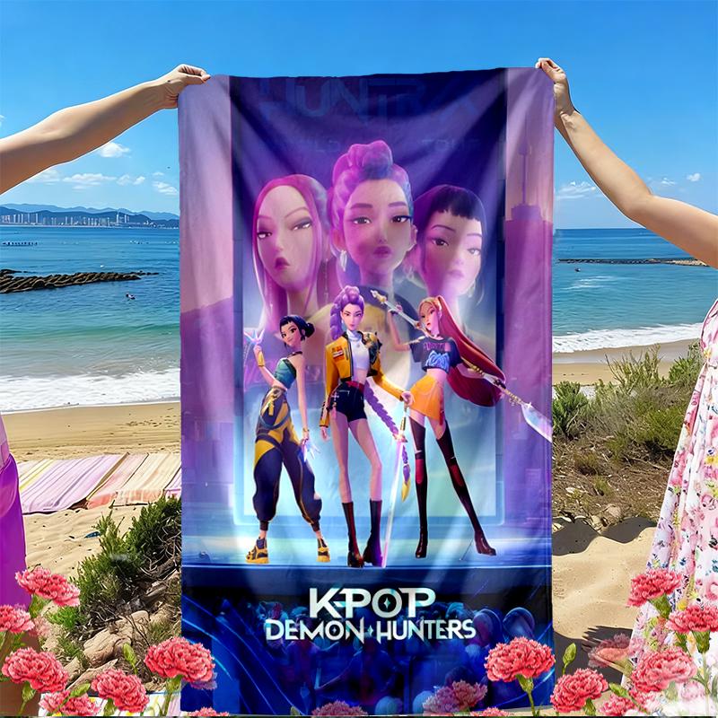 KPop Demon Hunters Print Beach Towel, Versatile Lightweight Absorbent Beach Towel for Pool Surf Yoga Bathroom, Perfect Birthday Holiday Gift