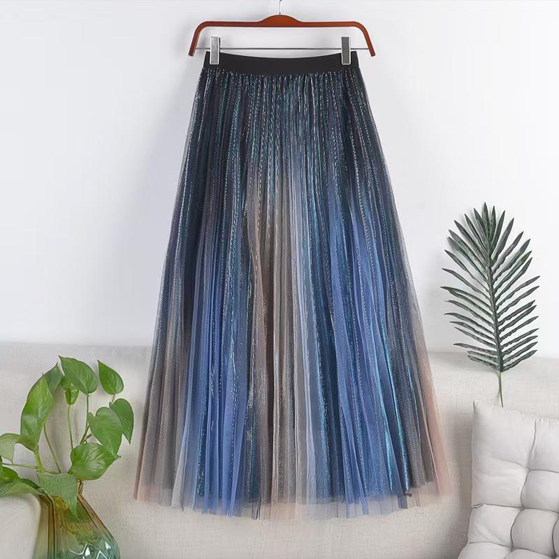 Rainbow Gradient Pleated A-Line Midi Skirt - High Waist, Fairy-Style for Spring & Autumn