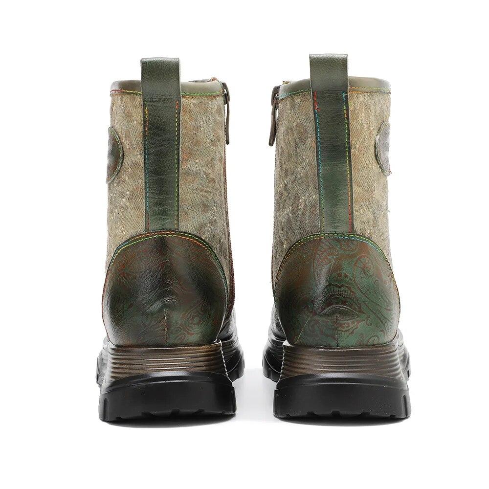 Johnature Genuine Leather Spliced Printed Fabric Women's Boots Vintage Lacing Comfortable Versatile Short Boots