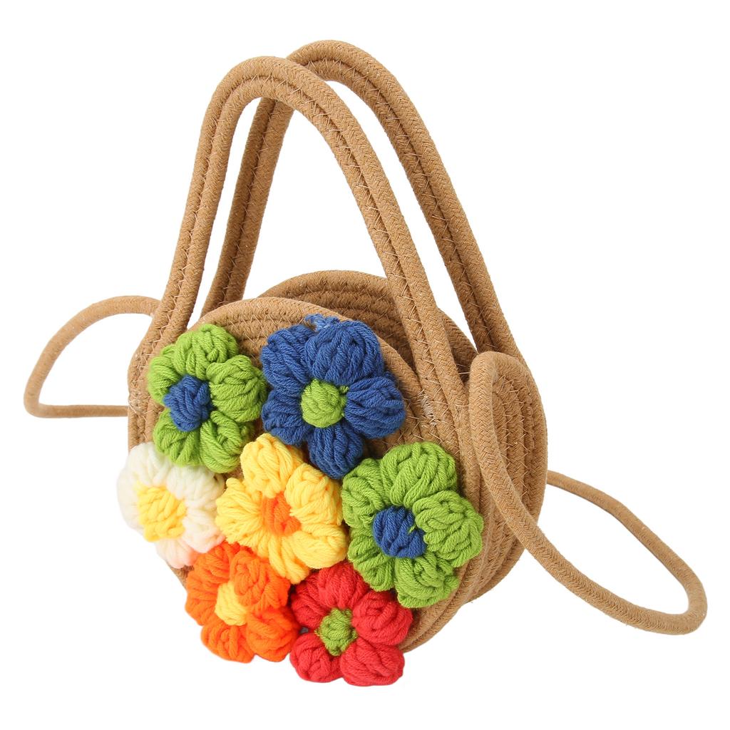 Flower Straw Beach Bag for Women Cute Fashion Large Capacity Straw Shoulder Bag for Summer Outdoor Khaki