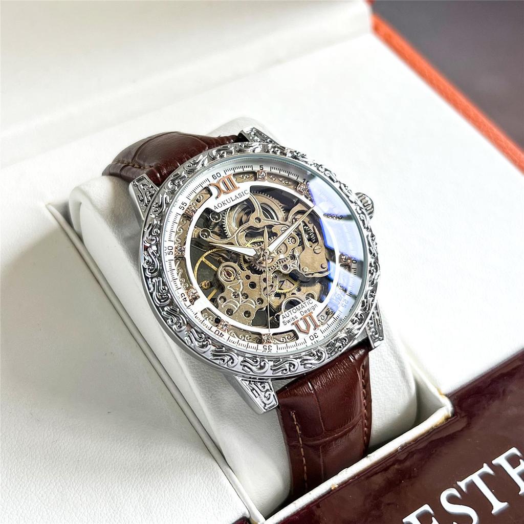 Men's High-End Retro Automatic Mechanical Watch with Luminous Display, Waterproof Design, and Genuine Leather Strap