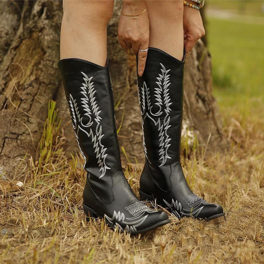 Women's Fashion Large Casual Boots Long Tube Square Heel Embroidered Boots