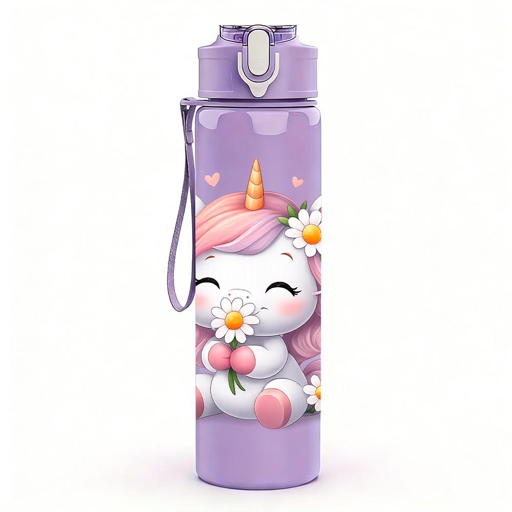 1PC Pink Dreamy Unicorn 750ml Color Plastic Sports Water Bottle Leakproof Flip Straw Lid Suitable for Sports Office Home Use