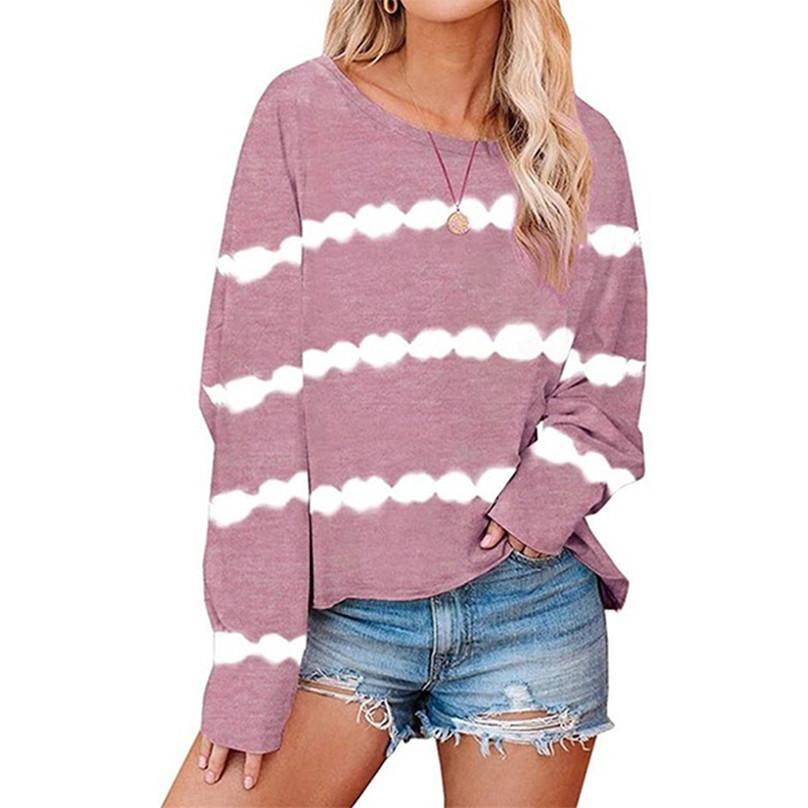 High Quality Women's Simple and Generous Tie-dye Striped Print Top Ladies Loose Long-sleeved Round Neck T-shirt