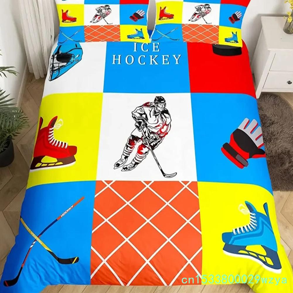 Ice Hockey Duvet Cover Set Full Queen Size Geometric Check Patchwork Stylish Bedding Set Athlete Winter Sports Comforter Covers