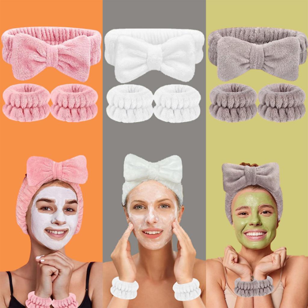1set Elastic Women Shower Hairband & Wristband Cute Bowknot Plush Face Wash Hairband Home Makeup Headband Wristband
