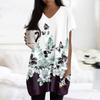Womens Tops V-neck Short Sleeve Blouses Casual Mid-length Shirts Fashion Print Tunic Tops With Pockets