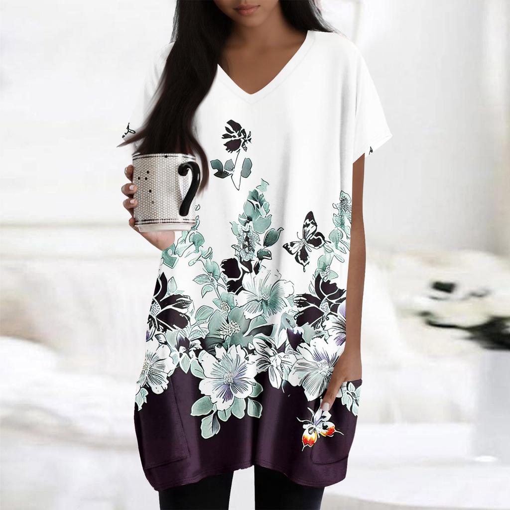 Womens Tops V-neck Short Sleeve Blouses Casual Mid-length Shirts Fashion Print Tunic Tops With Pockets