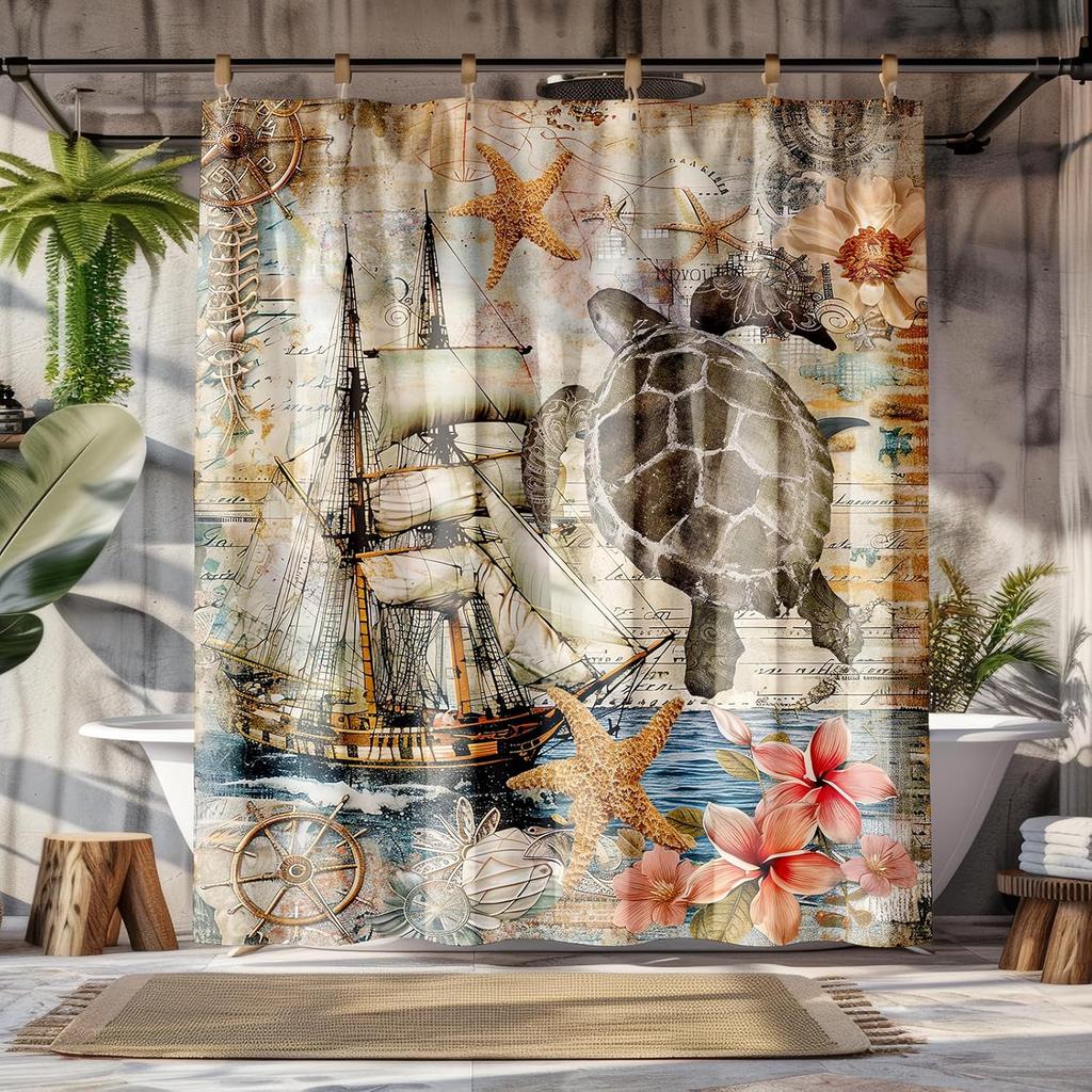 Peopleareok Nautical Coastal Shower Curtain, Funny Kids Sea Turtle Seashell Starfish Shower Curtain for Bathroom Decor, Polyeste
