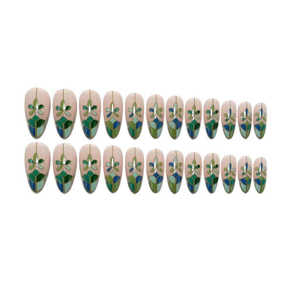 Floral Green Plaid Gradient Press-On Nails: Chinese Niche Style