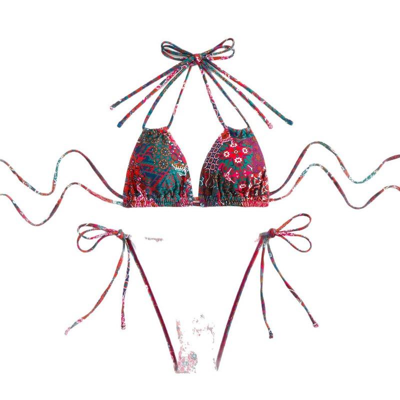 New European and American Split Swimsuit Women's Print Sexy Double Lace-up Halter Bikini Swimsuit Bikini