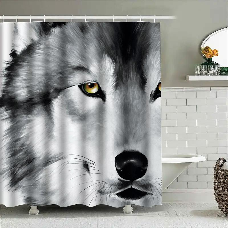 Whimsical Wolf Print Shower Curtain High-Quality Waterproof Fabric Decor For Your Bathroom Modern Stylish Design In Black White
