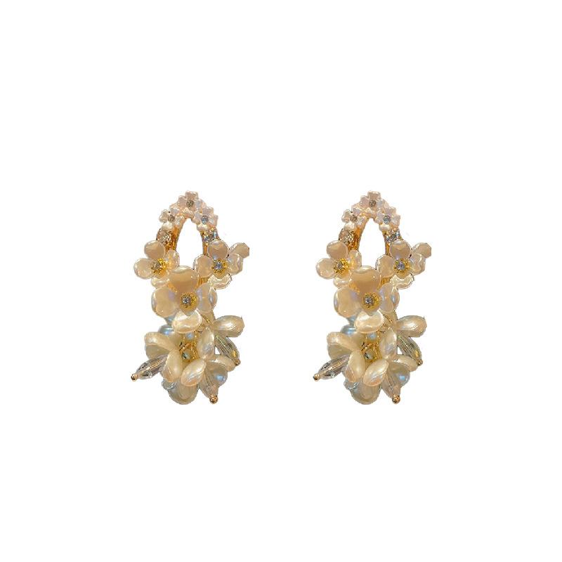Silver Needle Diamond Shell Flower Super Fairy Earrings French Retro Zircon Long Fringed Earrings Light Luxury Earrings