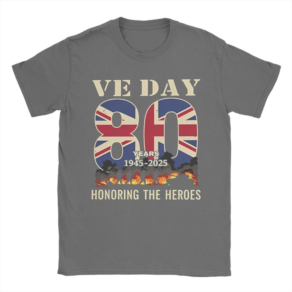 Leisure Ve Day 80th Anniversary 2025 WWII Fire T-Shirt Men Crew Neck 100% Cotton T Shirts UK Flag Short Sleeve Tee Adult Clothes