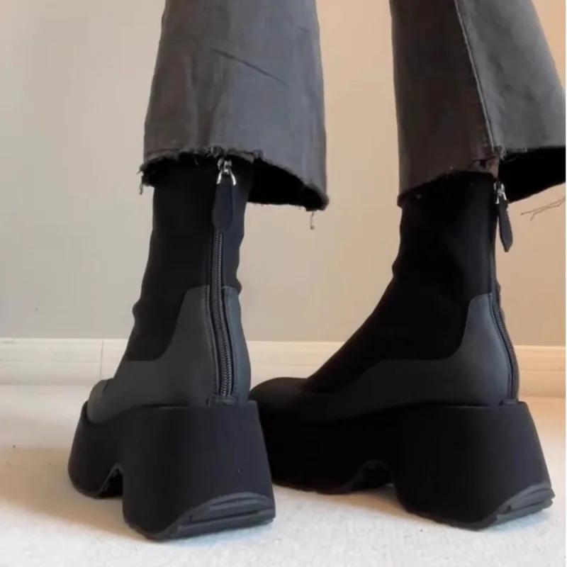 Elastic Chelsea Boots Women's Thick Bottom Heightening Slim Boot Black Short Sock Boot Zipper Back Female Round Toe Shoes