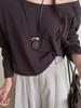 Vintage Ovales Hölzernes Y2K Anhänger Halskette für Damen Minimalistischer Mattes Metall Block Verstellbare Leder Kordel Pullover Kette Schmuck