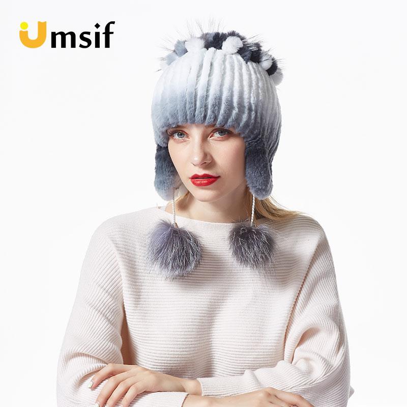 2019 Winter Bomber Hats for Women Rex Rabbit Fur Beanies Hat With Pompoms Women's Warm Knitted Hat Skullies Beanies Female Caps