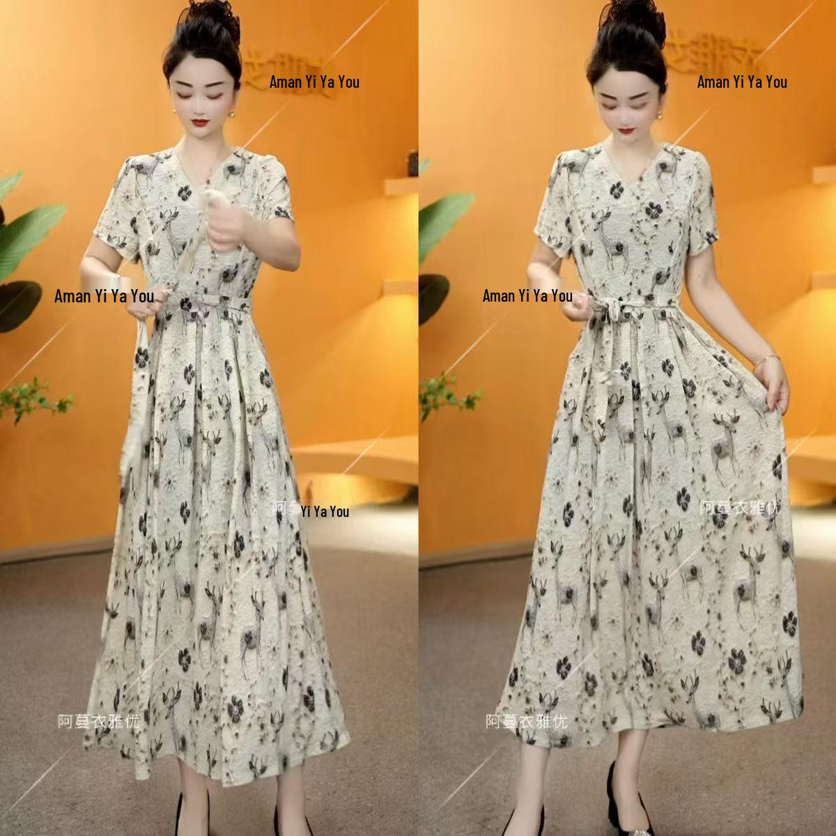 

Summer Elegant Slimming Dress: Versatile, Tummy-Concealing, Wide Hem Skirt, Waist-Cinched, Short-Sleeved for Women XL (85-105 kg)