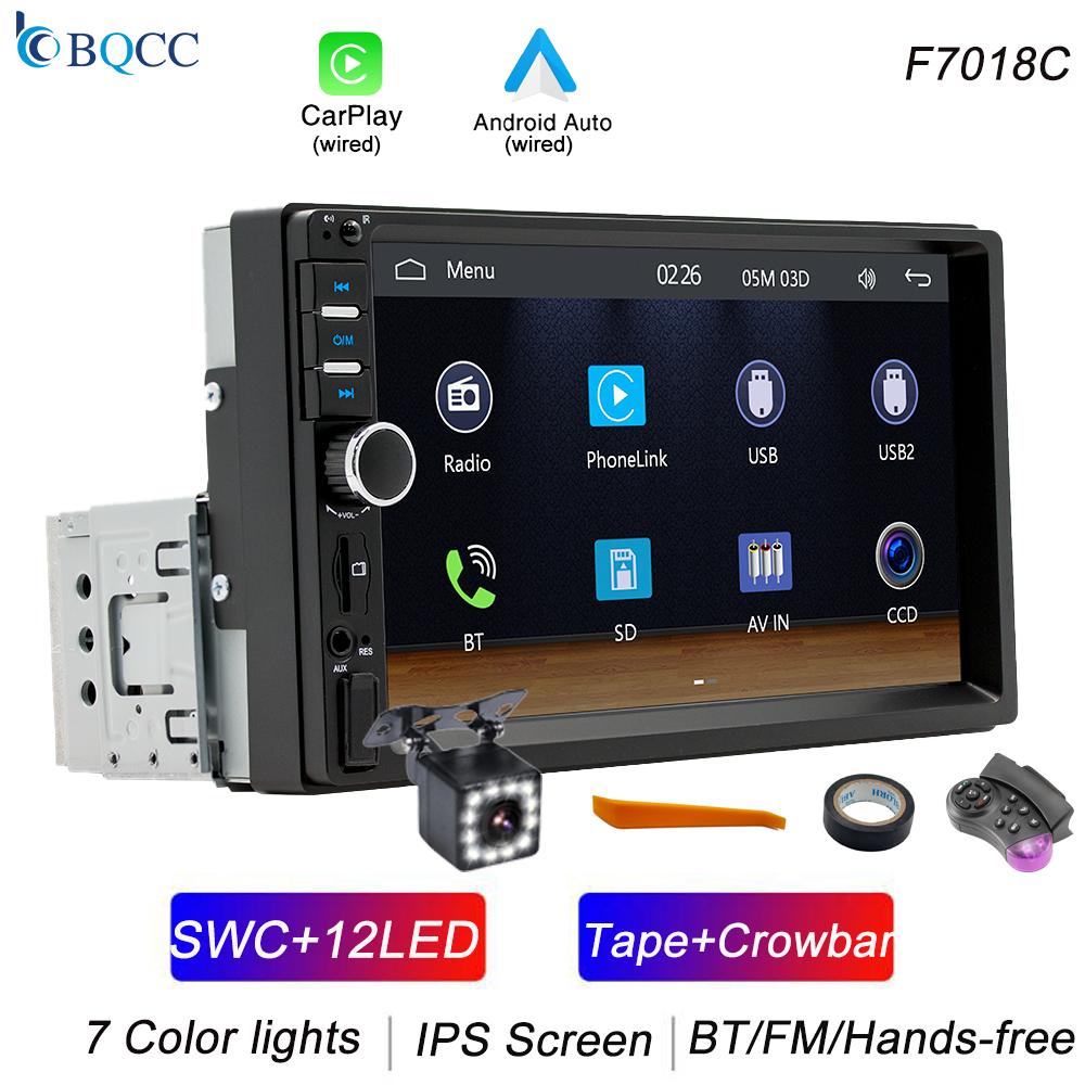 BQCC 1Din 7 inch IPS touch screen car player with wired carplay Android Auto 7 color light mirrorlink TF FM USB mulitmedia radio