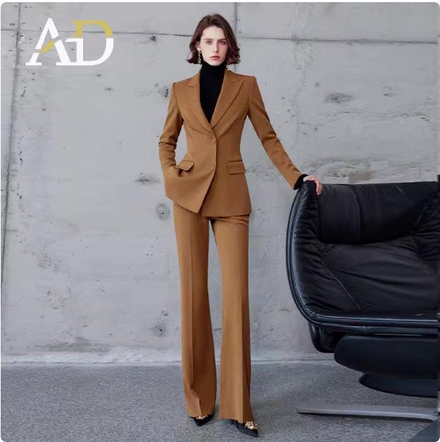 AD Gold Brown Wool Herringbone Suit: Autumn/Winter Formal Blazer & Wide-Leg Trousers
