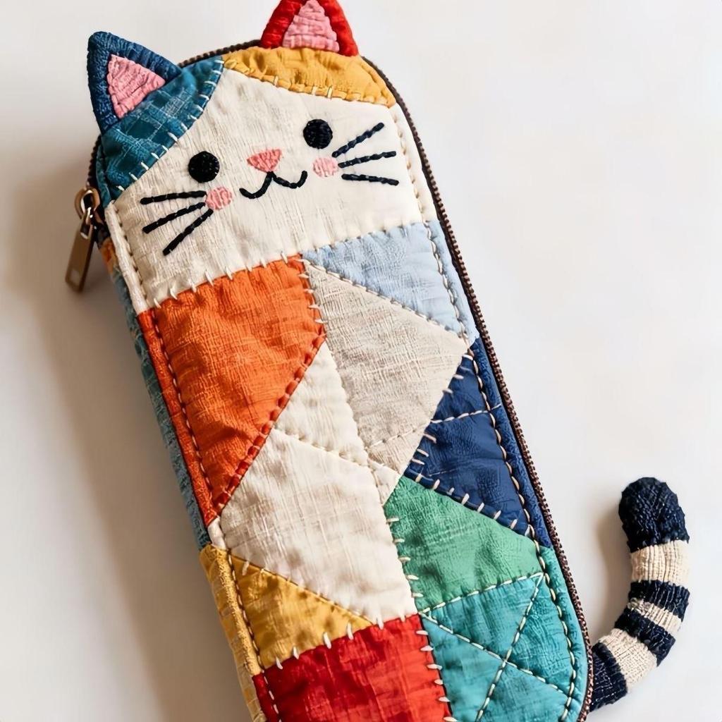 Xiaohongshu Cute Cat Patchwork Pencil Case - Large Capacity Student Stationery Organizer